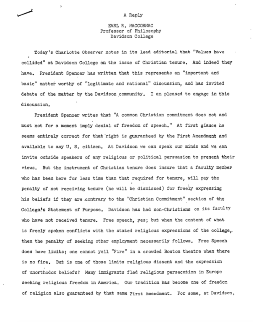 1977 April 27 A Reply by Earl R. MacCormac, Professor of Philosophy at Davidson College, challenging Christian Tenure policy in response to the Linden Affair
