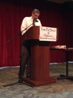 2017 Yom HaShoah, Rev. Rob Spach depicted reading names (photo courtesy of Rev. Rob Spach)
